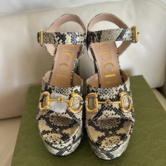 NEW Gucci Beige & Brown Python Horsebit Heeled Sandals Sz 40.5 - Picture 6 of 13